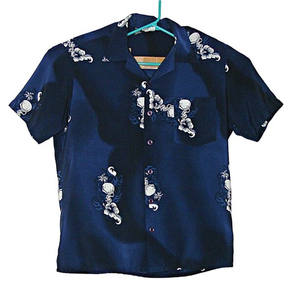 Kennington Ltd Hawaiian Skull Floral Button-Up Shirt Mens Blue & White Size Lg - Picture 1 of 9